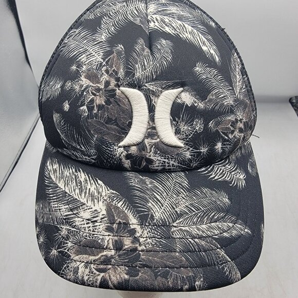 Hurley Palm Tree Print Snapback Trucker Hat Black White Adjustable Cap Casual - Picture 5 of 8